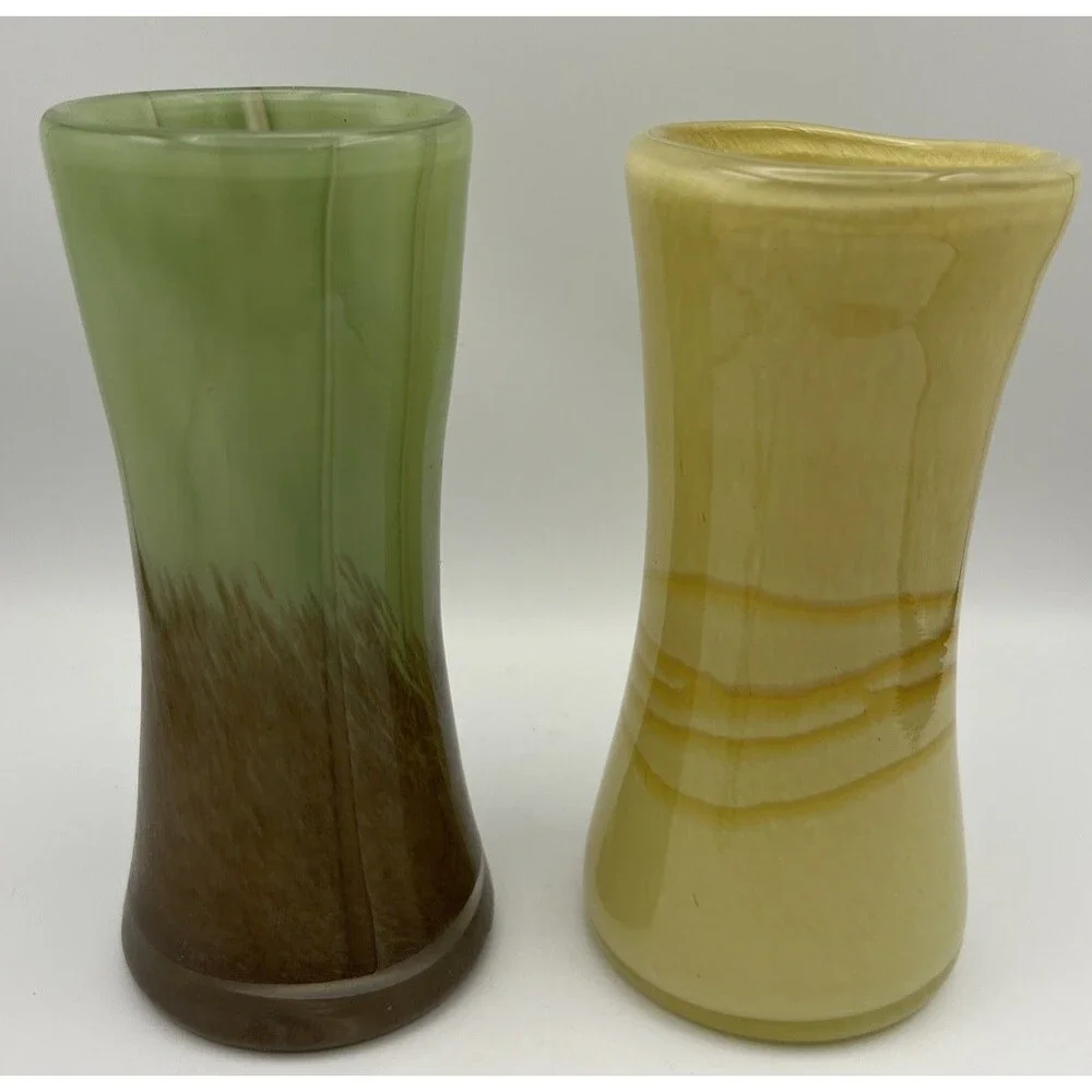Pair of Green & Brown & Yellow Swirled Modern Art Glass Hour Glass Vases 6